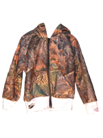 Camo Jacket with pink cuff, hood and zipper