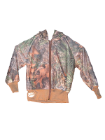Camo Jacket with brown cuff, hood and zipper 